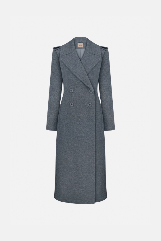 Жіноче пальто Snug сіре зі 100% вовни virgin wool, довга двобортна модель з акцентними лацканами, вид спереду — BÁZHANE