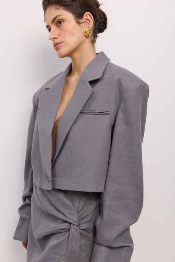 Cropped linen blazer with gathered details on the sleeves - photo 5