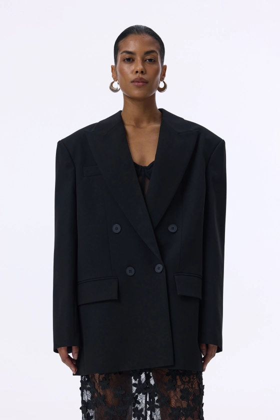 Oversized double-breasted cotton blazer with shoulder pads - photo 3