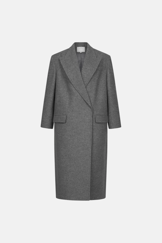 Жіноче пальто оверсайз прямого крою сіре зі 100% вовни virgin wool, максі 135 см, вид спереду — BÁZHANE