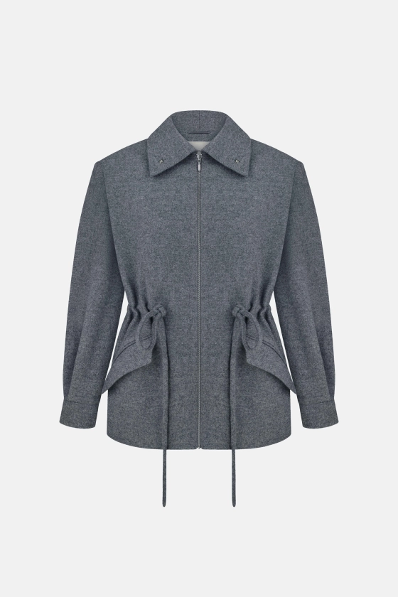 Жіноче пальто-парка Mackintosh сіра зі 100% virgin wool, вільний силует з кулісками на талії, вид спереду — BÁZHANE