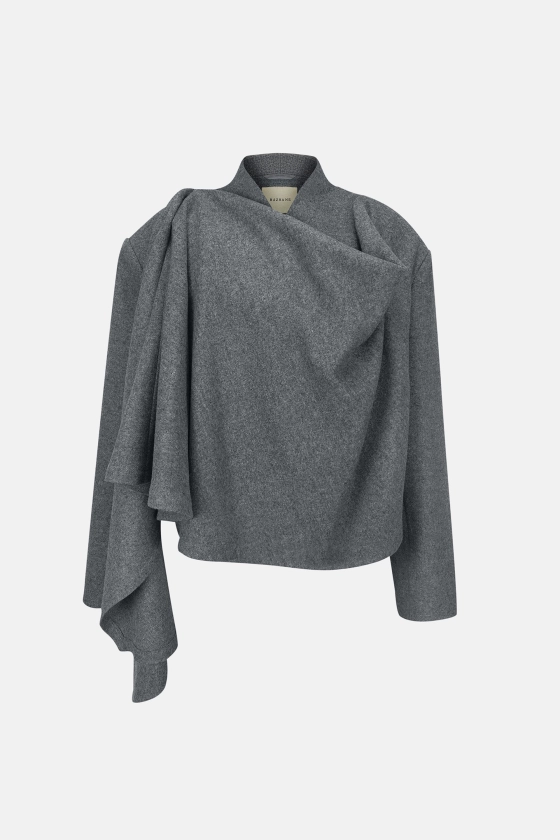 Жіноче пальто-жакет Frock сірий зі 100% вовни virgin wool, асиметричне драпірування спереду — BÁZHANE