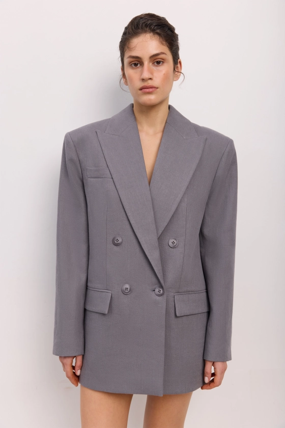 Oversized double-breasted linen blazer with shoulder pads - photo 3