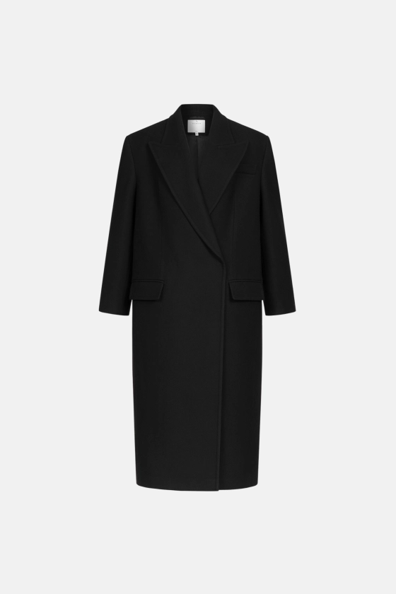 Жіноче пальто оверсайз прямого крою чорне зі 100% вовни virgin wool, максі 135 см, вид спереду — BÁZHANE