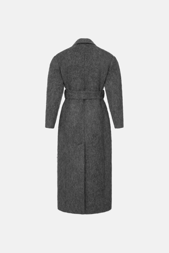 Графітове пальто з акцентним плечем з міксу virgin wool, мохеру та альпаки, косі кишені, вид три чверті — BÁZHANE