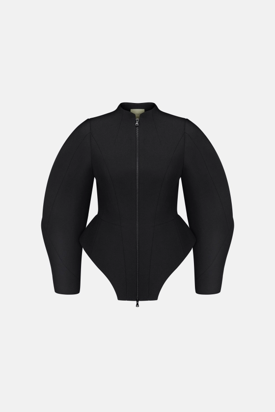 Жіноче пальто-жакет Medusa чорний зі 100% вовни virgin wool, скульптурні рукави та застібка на блискавку — BÁZHANE