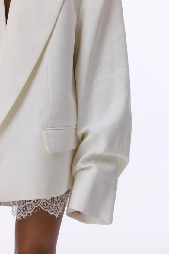 Oversized linen blazer with gathered details on the sleeves - photo 5