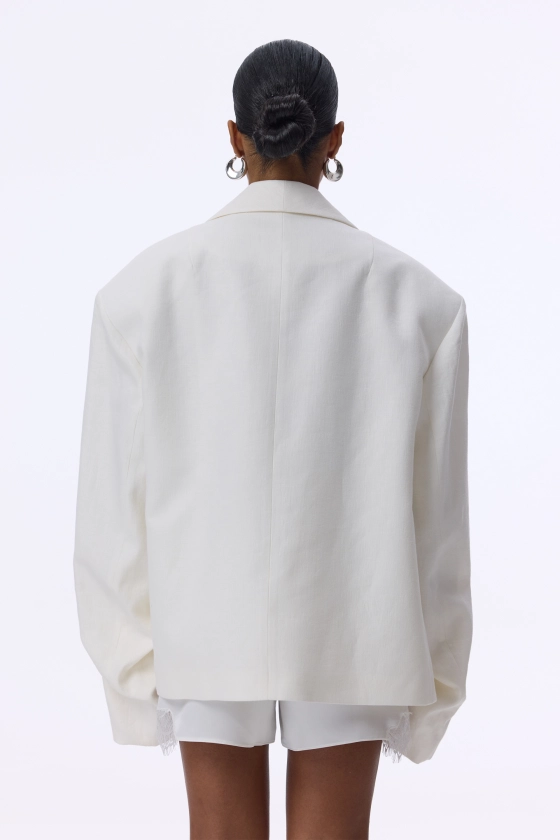 Oversized linen blazer with gathered details on the sleeves - photo 4