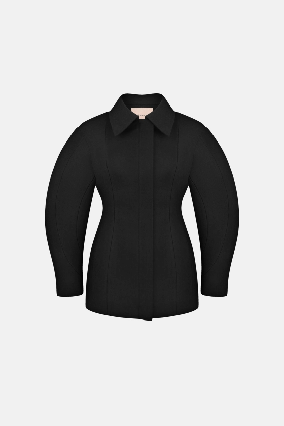 Жіноче пальто-жакет Sundail чорний зі 100% вовни virgin wool, об'ємні рукави та приталений силует — BÁZHANE
